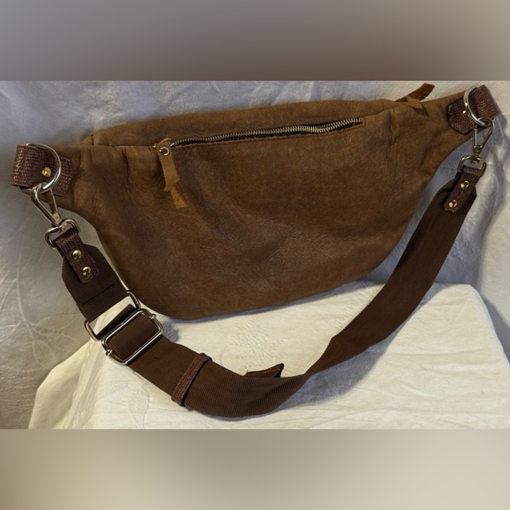 Brown Suede and Fabric Crossbody Fanny Pack Bag - Picture 2 of 5